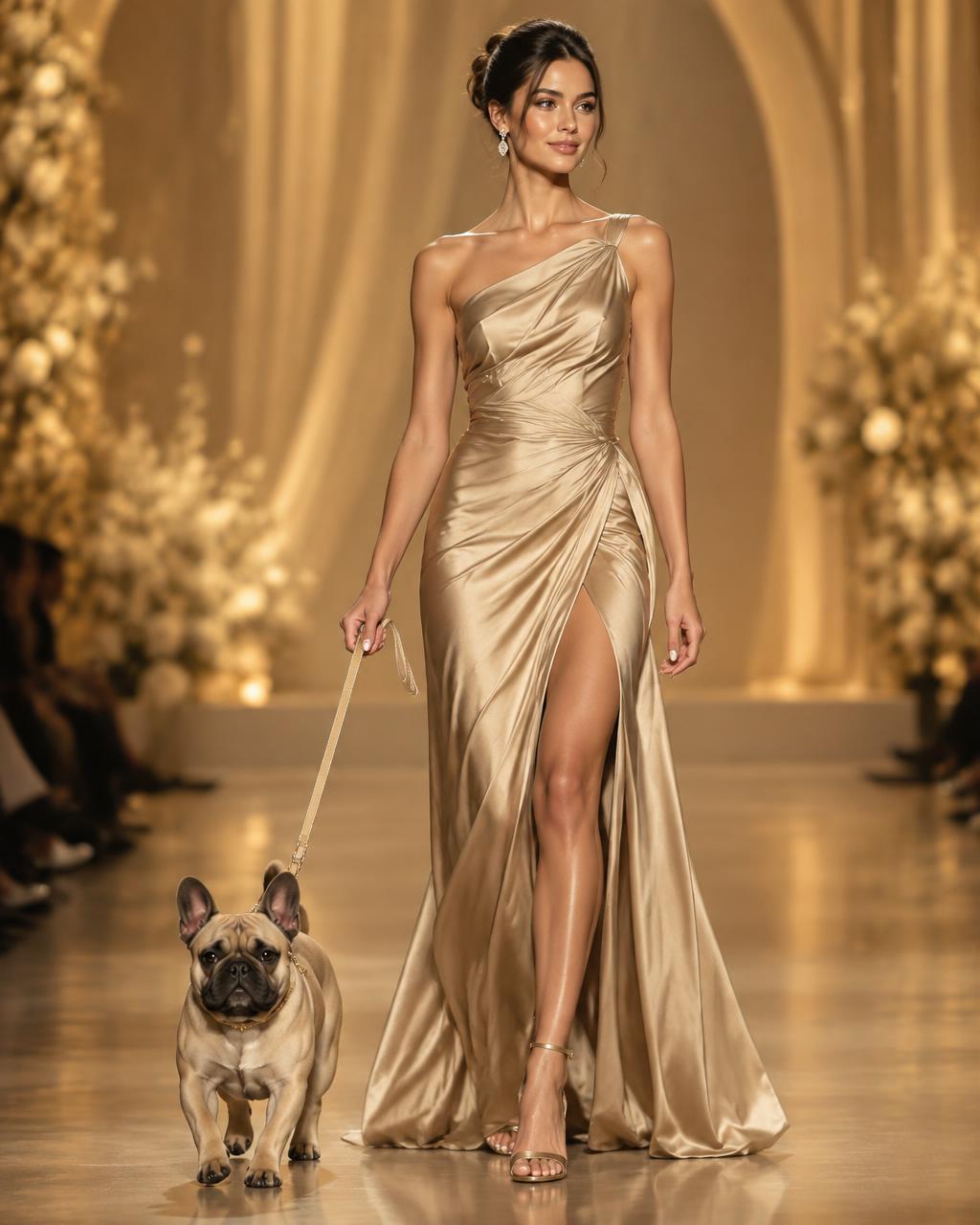 A model in a champagne gown walking a French Bulldog down the runway